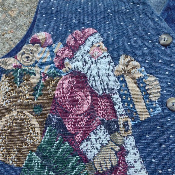 Vintage On The Verge Santa Denim Vest Christmas Tapestry Made in USA Women’s M - Picture 4 of 6